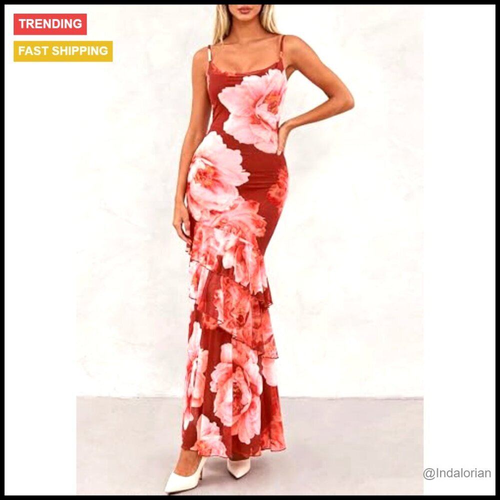 Tiered Floral Maxi Dress Spaghetti Strap Beach Wedding Guest Long Sundress - Picture 3 of 7